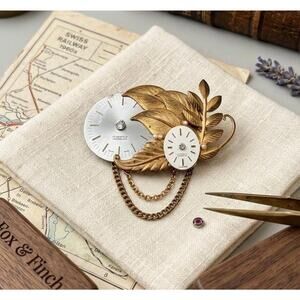 Vintage Swiss Watch Brooch – Repurposed Gold Tone Floral Statement Jewelry